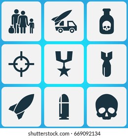 Warfare Icons Set. Collection Of Target, Danger, Slug And Other Elements. Also Includes Symbols Such As Head, Artillery, Refugee.