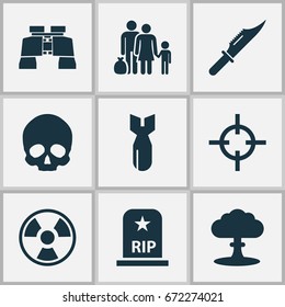 Warfare Icons Set. Collection Of Target, Fugitive, Atom And Other Elements. Also Includes Symbols Such As Rip, Bio, Shot.
