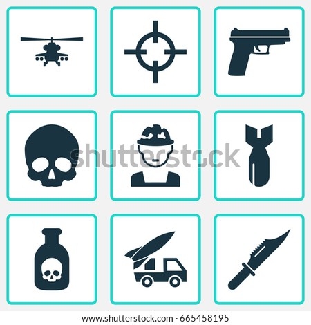 Warfare Icons Set. Collection Of Target, Cranium, Military And Other Elements. Also Includes Symbols Such As Rocket, Oficer, Head.