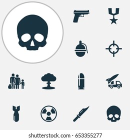 Warfare Icons Set. Collection Of Weapons, Ordnance, Slug And Other Elements. Also Includes Symbols Such As Nuclear, Cranium, Grenade.
