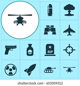 Warfare Icons Set. Collection Of Weapons, Slug, Aircraft And Other Elements. Also Includes Symbols Such As Tank, Zoom, Missile.