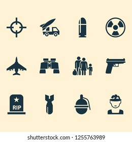 Warfare Icons Set With Fighter, Bomb, Bio Hazard And Other Bombshell Elements. Isolated Vector Illustration Warfare Icons.