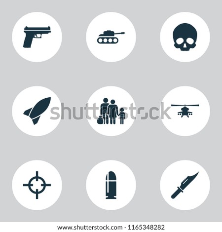 Warfare icons set with skull, sniper, refugee and other cutter elements. Isolated vector illustration warfare icons.