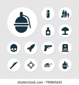 Warfare icons set with weapons, missile, target and other weapons elements. Isolated vector illustration warfare icons.