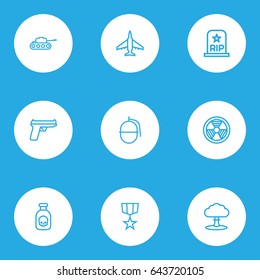 Warfare Outline Icons Set. Collection Of Atomic Bomb, Bombshell, Panzer And Other Elements. Also Includes Symbols Such As Hazar, Radiation, Grave.