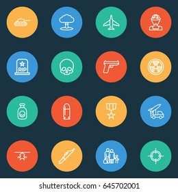 Warfare Outline Icons Set. Collection Of Aircraft, Cranium, Officer And Other Elements. Also Includes Symbols Such As Order, Sniper, Radiation.