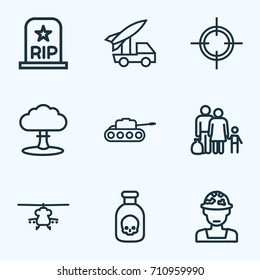 Warfare Outline Icons Set. Collection Of Officer, Venom, Rip And Other Elements. Also Includes Symbols Such As Target, Fugitive, Venom.