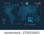 warfare tech or military technology, graphic of topographic world map  with radar interface