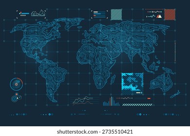 warfare tech or military technology, graphic of topographic world map  with radar interface