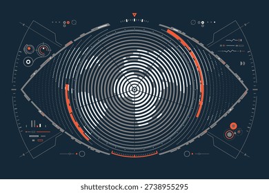 warfare tech or military technology, graphic of lined world map HUD combined with eye and radar interface