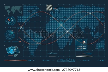warfare tech or military technology, graphic of dotted world map HUD with radar interface