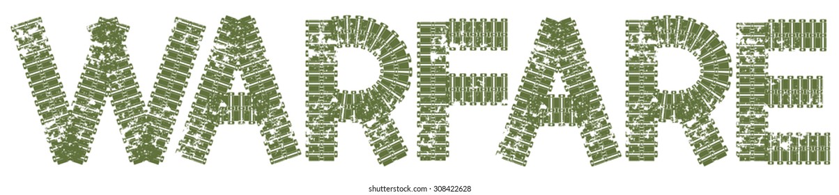 Warfare text with the letters made of tank tracks, isolated on white