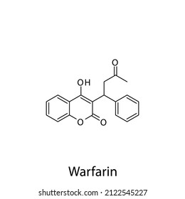 Warfarin Molekularstruktur, flache skelettale chemische Formel. Vitamin-K-Antagonist Antikoagulantien zur Behandlung der Thrombose, Schlaganfallprävention. Vektorgrafik.