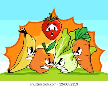 War/fight illustration between fruits and vegetables to know whos are the best for health