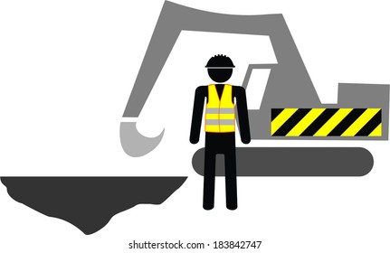 WARING: CONSTRUCTION SITE man with reflective vests and dredge 