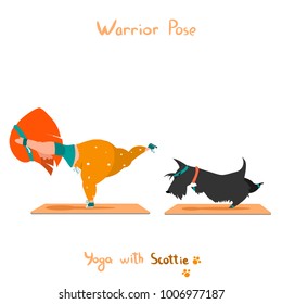 warior pose virabhadrasana Cute little girl and her dog scottie doing yoga isolated on white background