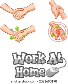 Wark At Home font design with virus spreads from shaking hands on white background illustration
