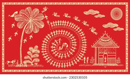 Warli Art: Die Essenz des indischen Dorflebens erobern. Baum-Warli-Malerei, Tapete-Illustration, Warli-Kunst, Vektorgrafik. Warli Kunstmalerei-Feier im Stammdorf.