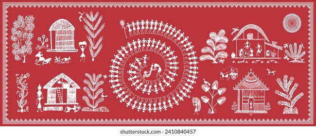 Warli Art: Die Essenz des ländlichen Lebens, die einzigartige Wanddekoration. Warli
Ländliches Leben, Kulturdarstellung, Dekor der ethnischen Mauer, indigene Kunst.