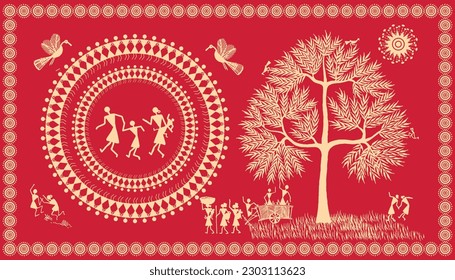 Warli Art: Feiern Sie Familienbonding mit der Natur. Tapete-Illustration, Warli-Kunst, Vektorgrafik. Warli Kunstmalerei-Feier im Stammdorf.