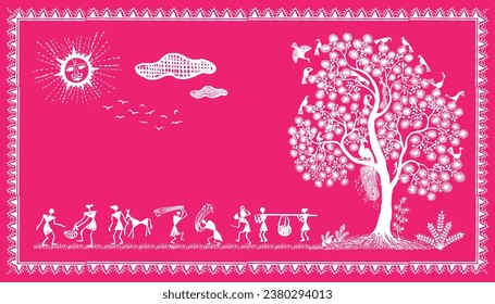 Warli Art: Celebrating Indian Farming Joy and Rural Life. Warli Art: A Blissful Glimpse of Indian Farming and Village Life. Illustration, Vector, Drawing.