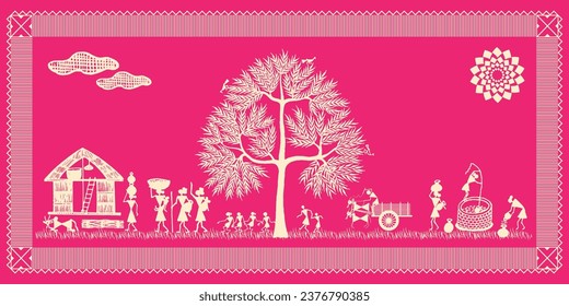 Warli Art: Celebrating the Joys of Indian Rural Life through Daily Work. Wall painting. Illustration, Vector, Drawing.