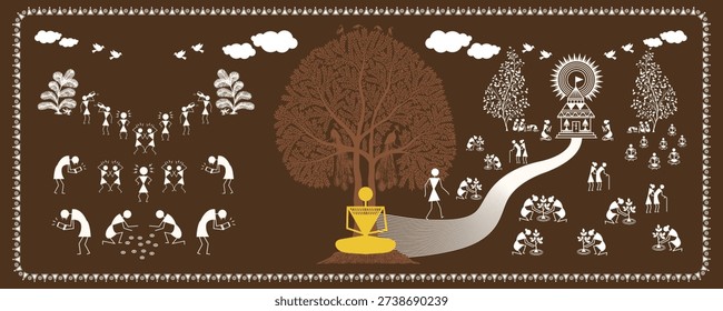 Warli Art Depicting Good vs Evil Path – Tribal Devotional Symbolism. Warli Art, Tribal Folk Painting, Good vs Evil Concept, Devotional Path