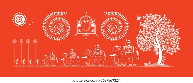 Warli Art: Ganpati Utsav Procession with Lord Ganesha on Elephant. Warli art, Ganpati festival, Indian tribal art, Ganesha elephant