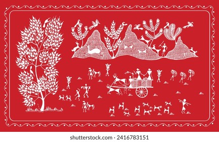 Warli Art Illustration of Farming Process, Indian Rural Area, Harmony of Harvest, Illustration of Warli Farming, Rural Agriculture Art, Indian Village Life Sketch, Wall Decor Traditional Farming.