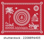 Warli art of indian farming process, Working in farm, Living style in village, daily work with bull craft, Coconut tree, Bull, dog, bird and farmer vector, illustration painting