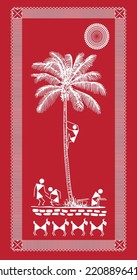 Warli art of indian farming process, Working in farm, Living style in village, daily work with bull craft, Coconut tree, Bull, dog, bird and farmer vector, illustration painting