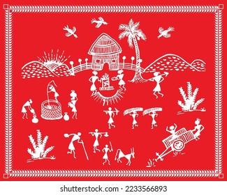 Warlische Kunst der indianischen Landwirtschaft, Arbeiten auf dem Bauernhof, Wohnstil im Dorf, tägliche Arbeit mit Bullenhandwerk.
Warli Malerei mit indischen ländlichen Gebieten, Vektorgrafik der indischen Landwirtschaft.