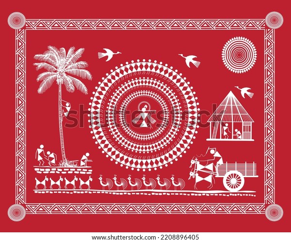 Warli art of\
indian farming process, Working in farm, Living style in village,\
daily work with bull craft, Coconut tree, Bull, dog, bird and\
farmer vector, illustration\
painting