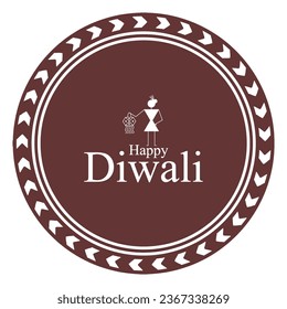 Warli art , indian tribal art , happy diwali warli man with lantern , cute circle sticker isolated on maroon editable background  sticker  wall plate coaster  