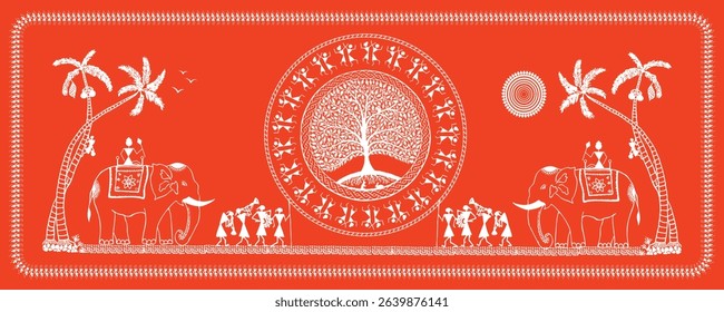 Warli Art: Indian Village Utsav Procession on Elephant - Festive Life. Warli art, Indian village festival, Tribal art India, Elephant celebration Warli