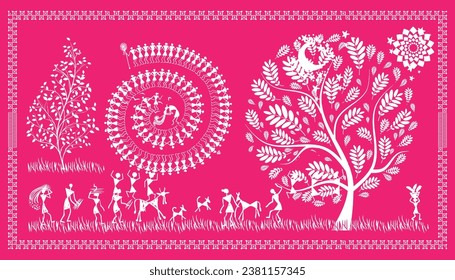 Warli Art: The Joyful Essence of Indian Rural Life. Warli Art: Celebrating the Bliss of Indian Rural Life. Illustration, Vector, Drawing. 