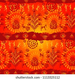 Warli Art painting seamless pattern - hand drawn traditional the ancient tribal art India. Pictorial language is matched by a rudimentary technique depicting rural life of the inhabitants of India