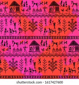 Warli Art painting seamless pattern - hand drawn traditional the ancient tribal art India. Pictorial language is matched by a rudimentary technique depicting rural life of the inhabitants of India