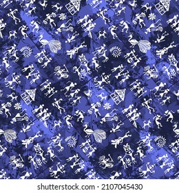 Warli Art painting seamless pattern - hand drawn traditional the ancient tribal art India. In the style of Indian kitsch matched by a rudimentary technique depicting rural life of the inhabitants of I