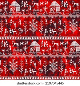 Warli Art painting seamless pattern - hand drawn traditional the ancient tribal art India. In the style of Indian kitsch matched by a rudimentary technique depicting rural life of the inhabitants of I