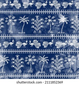 Warli Art painting seamless pattern - hand drawn traditional the ancient tribal art India. Style of Indian kitsch matched by a rudimentary technique depicting rural life of the inhabitants of India