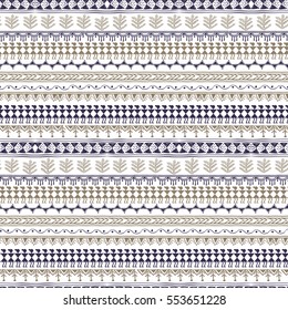 Warli Art painting seamless pattern - hand drawn traditional the ancient tribal art India. Pictorial language is matched by a rudimentary technique depicting rural life of the inhabitants of India.