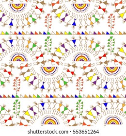 Warli Art painting seamless pattern - hand drawn traditional the ancient tribal art India. Pictorial language is matched by a rudimentary technique depicting rural life of the inhabitants of India.