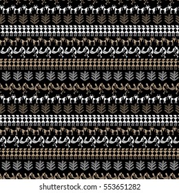 Warli Art painting seamless pattern - hand drawn traditional the ancient tribal art India. Pictorial language is matched by a rudimentary technique depicting rural life of the inhabitants of India.