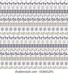 Warli Art painting seamless pattern - hand drawn traditional the ancient tribal art India. Pictorial language is matched by a rudimentary technique depicting rural life of the inhabitants of India.