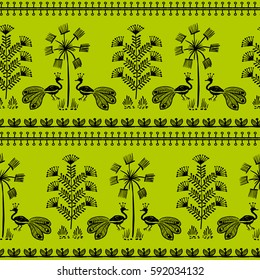 Warli Art painting seamless pattern - hand drawn traditional the ancient tribal art India. Pictorial language is matched by a rudimentary technique depicting rural life of the inhabitants of India