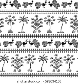 Warli Art painting seamless pattern - hand drawn traditional the ancient tribal art India. Pictorial language is matched by a rudimentary technique depicting rural life of the inhabitants of India