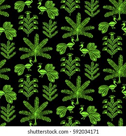 Warli Art painting seamless pattern - hand drawn traditional the ancient tribal art India. Pictorial language is matched by a rudimentary technique depicting rural life of the inhabitants of India