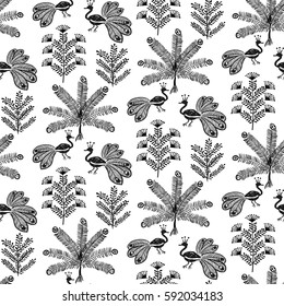 Warli Art painting seamless pattern - hand drawn traditional the ancient tribal art India. Pictorial language is matched by a rudimentary technique depicting rural life of the inhabitants of India