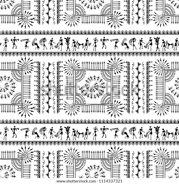 ワルリアートはシームレスな絵柄を描いている 古代部族アートインドの手描きの伝統 インドの人々の田園生活を描いた初歩的な技法が絵の言葉と一致する のベクター画像素材 ロイヤリティフリー